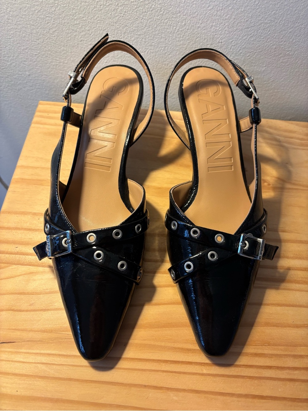 GANNI - LIKE NEW Black Patent Slingback Pointed Toe Pumps with Grommet Straps